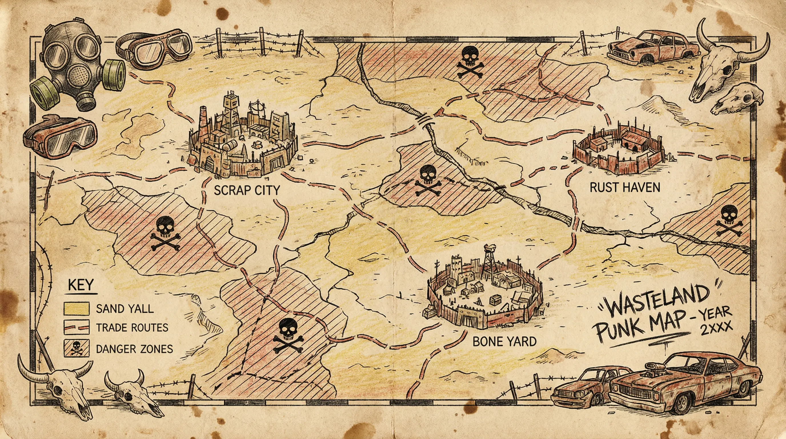 废土世界手绘地图标注各定居点和危险区域
